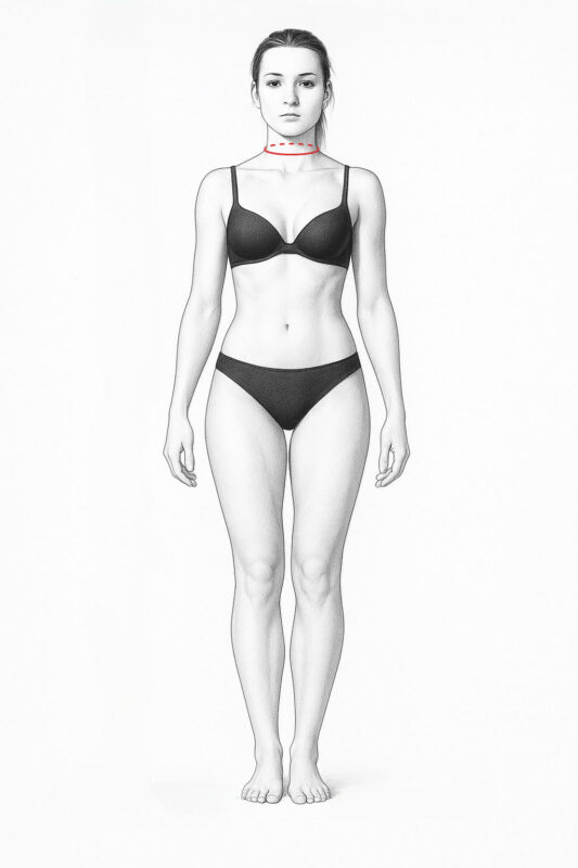 Halsweite: am Halsansatz, Schulterbreite: vom Halsansatz bis zur Armkugel