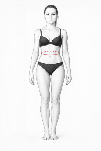 Taillenweite: in der Taille über dem Taillenband