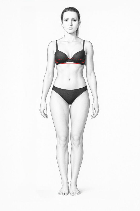 Unterbrustumfang: Direkt unterhalb der Brust messen. Massband nicht zu fest und nicht zu locker.