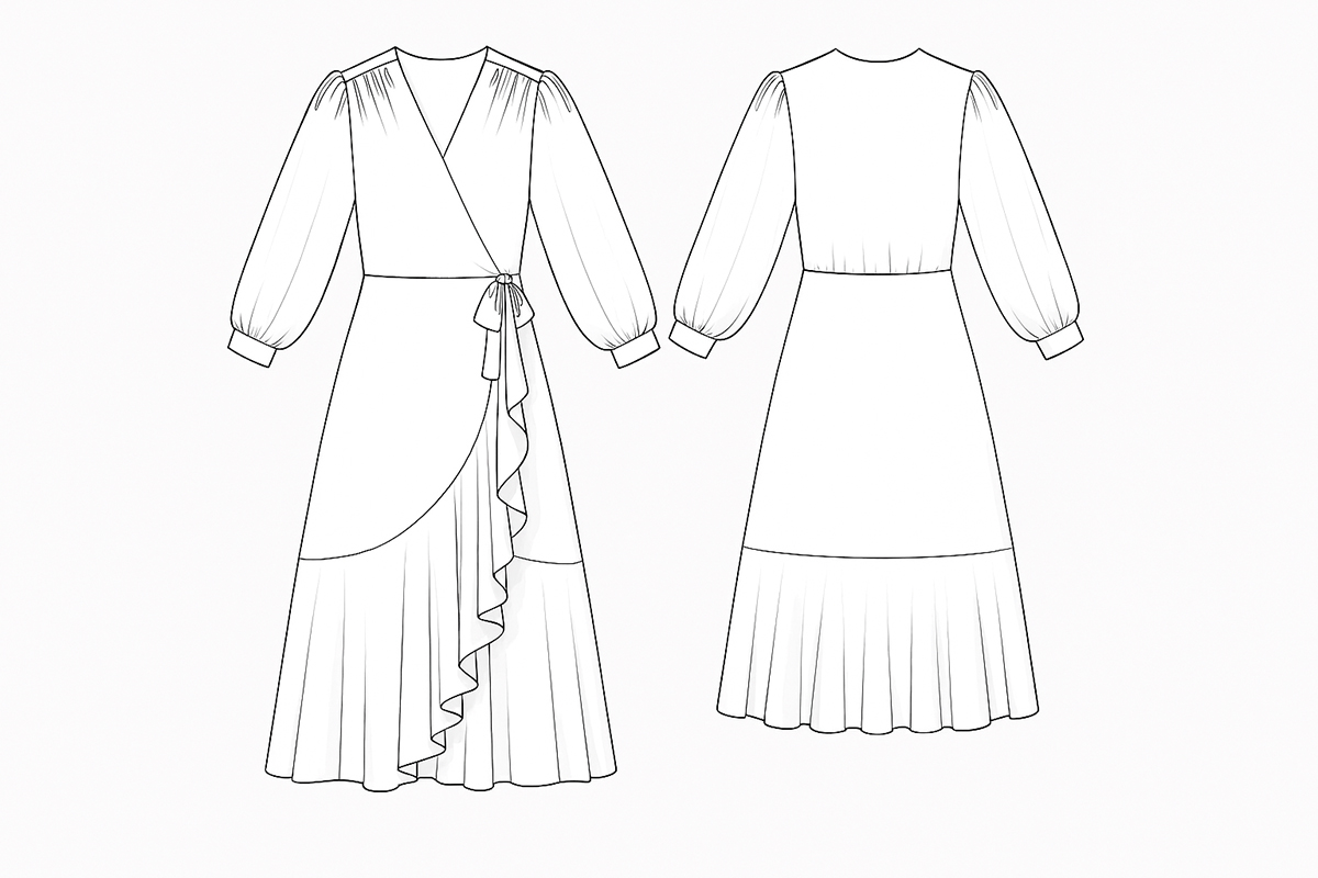 Wickelkleid mit Volants Schnittmuster (technische Zeichnung) Schnittmuster